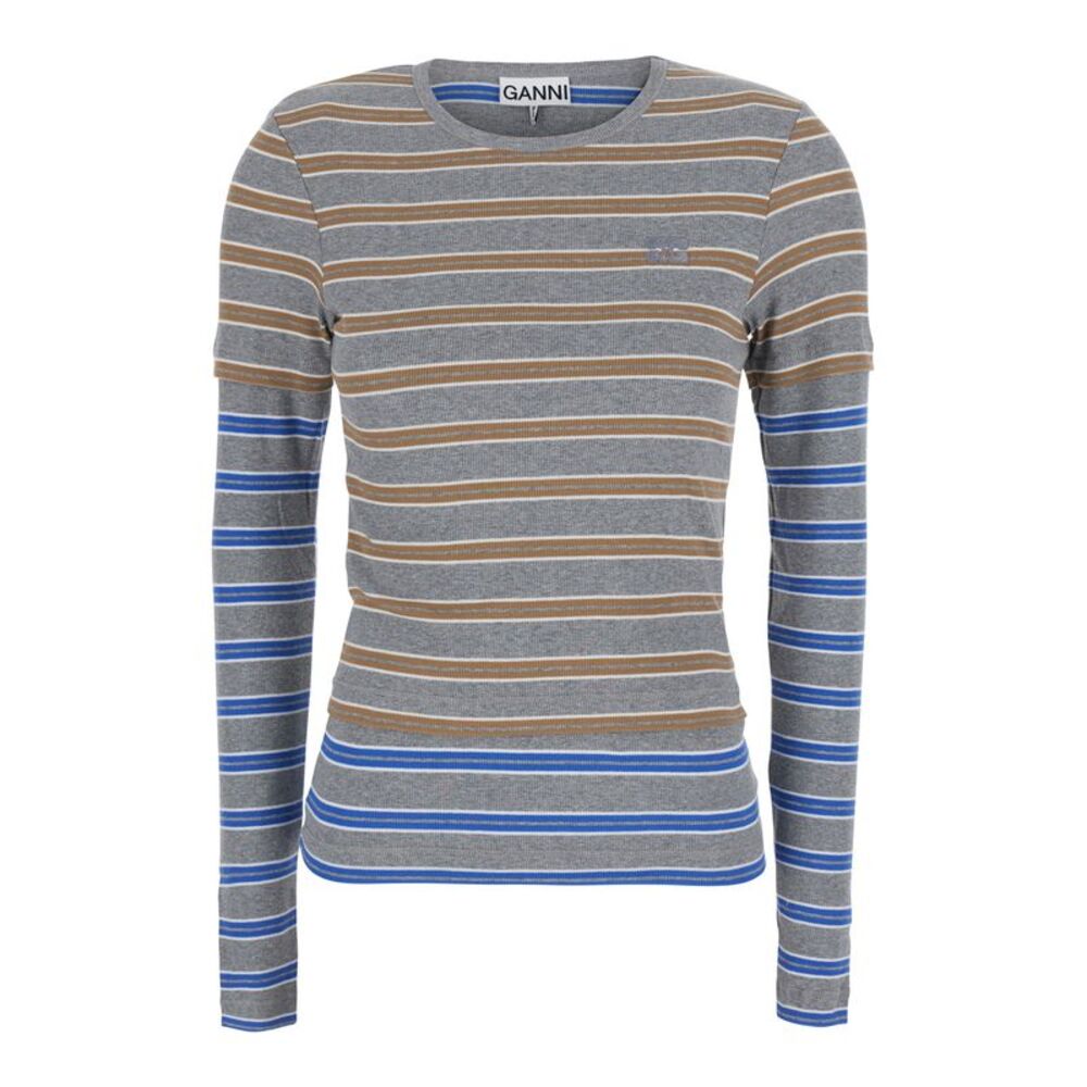 Ganni Women Long Sleeve Mesh Top With Blue Details